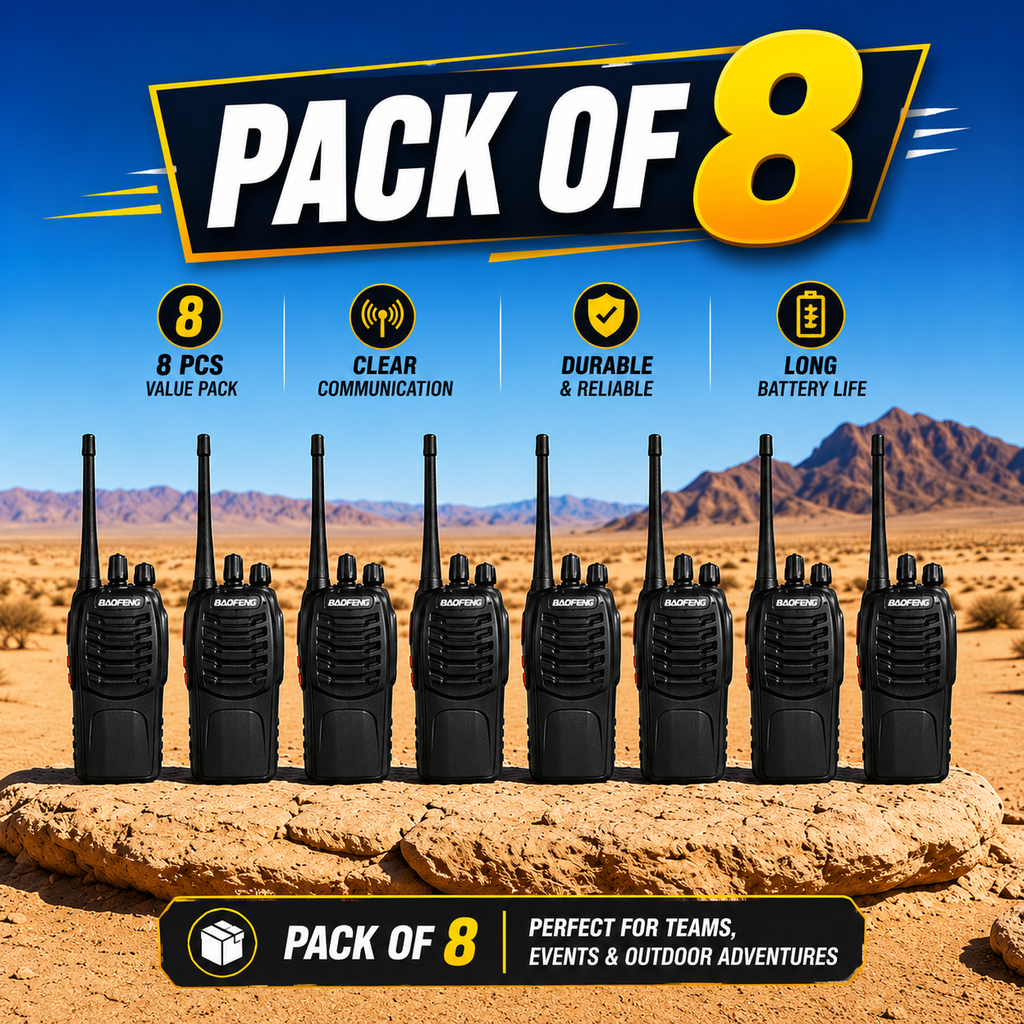 ARK Long-Range Walkie Talkie 16 Channel, Portable Two-Way Radio Set (Black, Pack of 8)