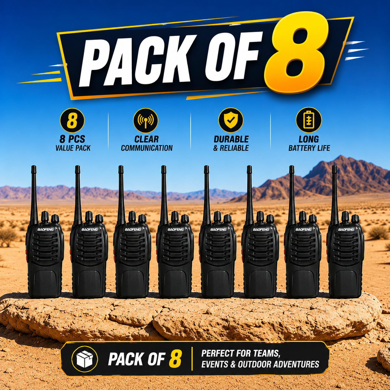 ARK Long-Range Walkie Talkie 16 Channel, Portable Two-Way Radio Set (Black, Pack of 8)