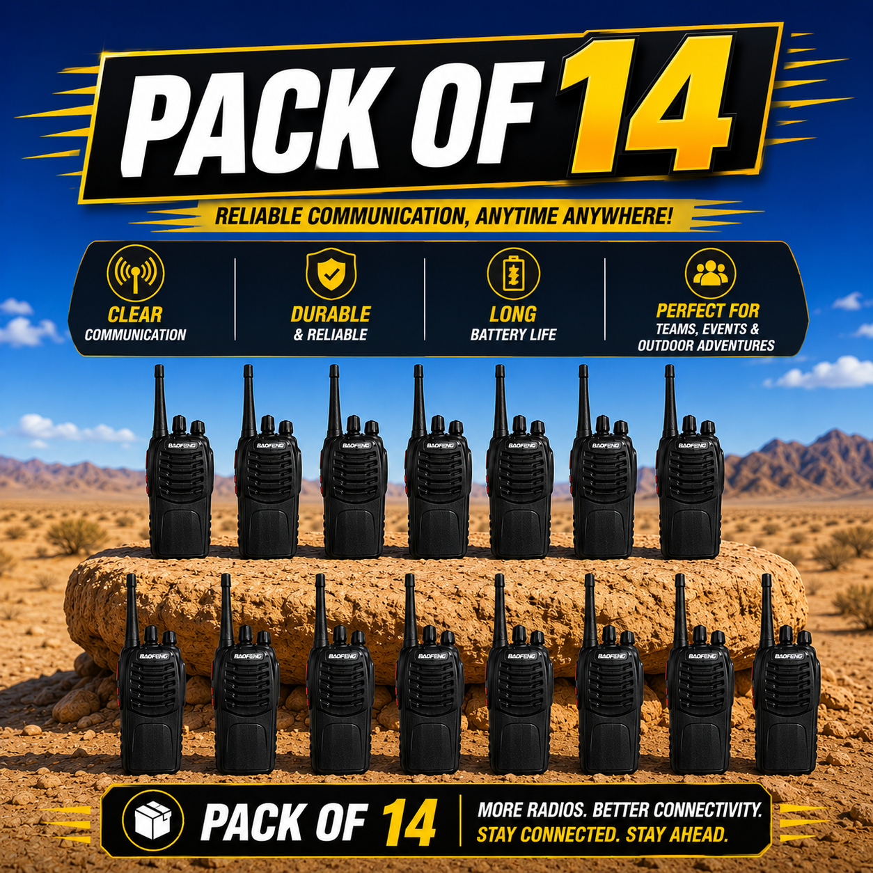 ARK Long-Range Walkie Talkie 16 Channel, Portable Two-Way Radio Set (Black, Pack of 14)