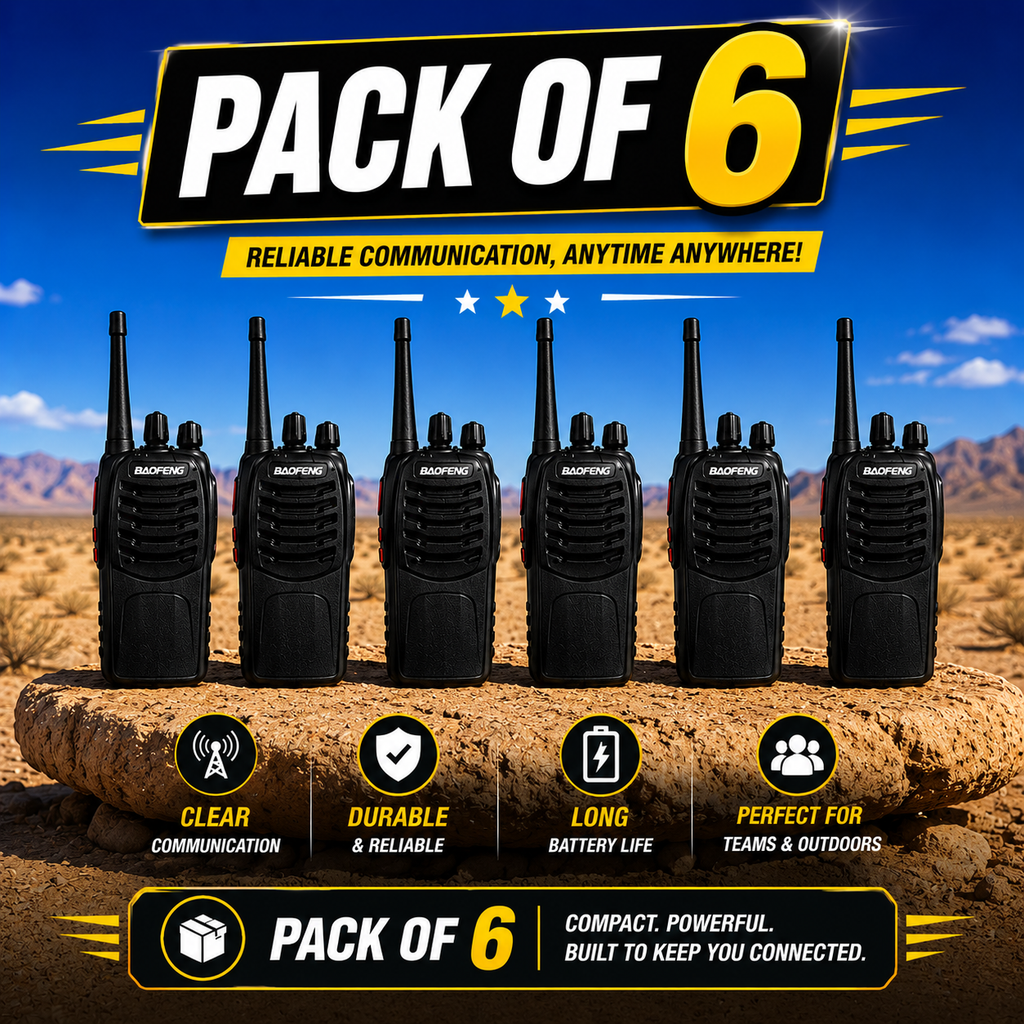 ARK Long-Range Walkie Talkie 16 Channel, Portable Two-Way Radio Set (Black, Pack of 6)
