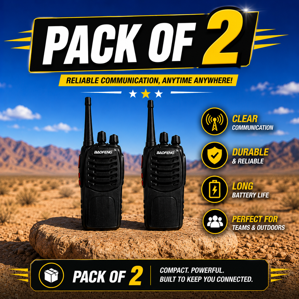 ARK Long-Range Walkie Talkie 16 Channel, Portable Two-Way Radio Set (Black, Pack of 2)
