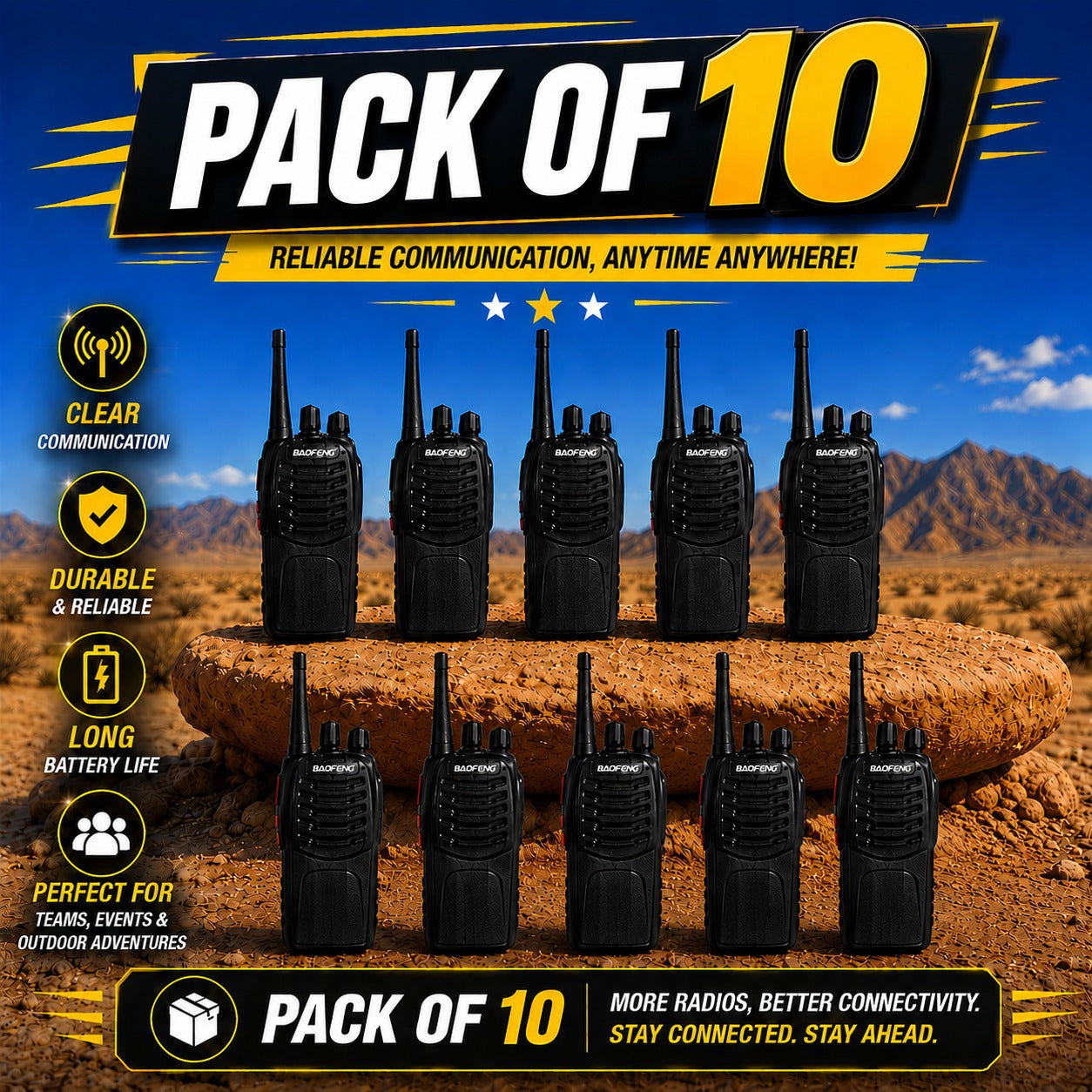 ARK Long-Range Walkie Talkie 16 Channel, Portable Two-Way Radio Set (Black, Pack of 10)